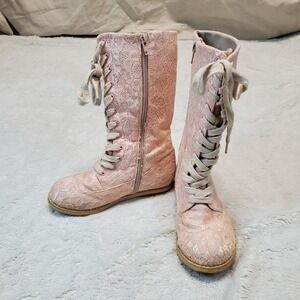 Trish Scully Pink Cream Lace Coachella Romantic Tall Fabric Combat Boots Girls 1